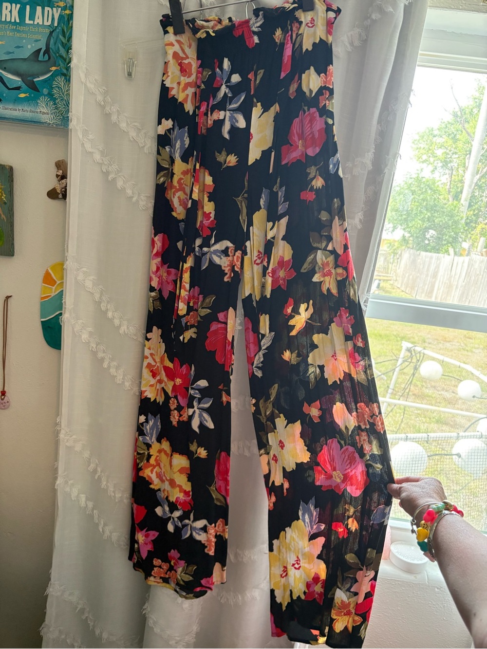 Billabong Floral Wide-Leg Jumpsuit Pants - Black with Pink & Yellow Flowers